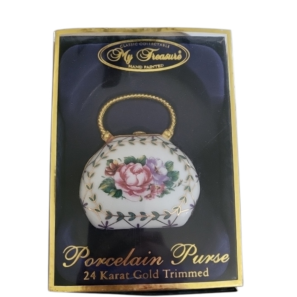 My Treasure Hand Painted Floral Porcelain Purse 24 K Gold Trim - Picture 2 of 7